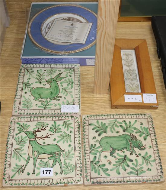 Three Alessi tiles, a framed tile and a Wedgwood plate